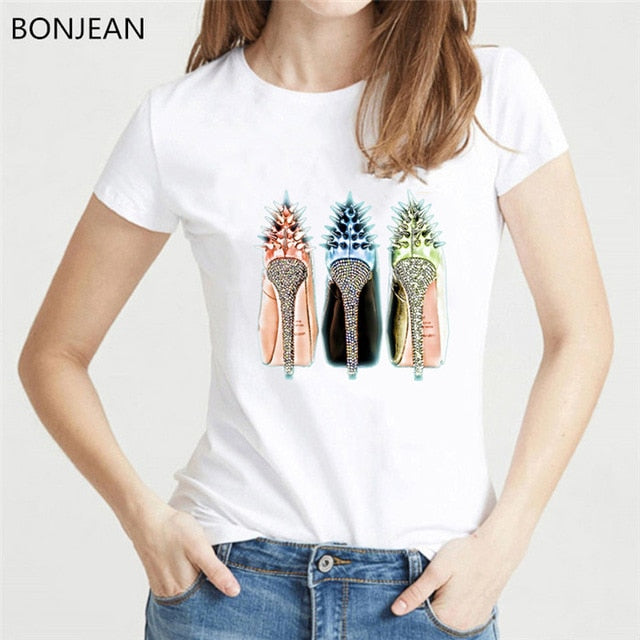 Watercolor high heels shoes print vogue t shirt