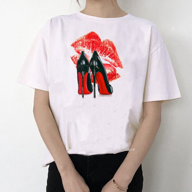 Watercolor high heels shoes print vogue t shirt