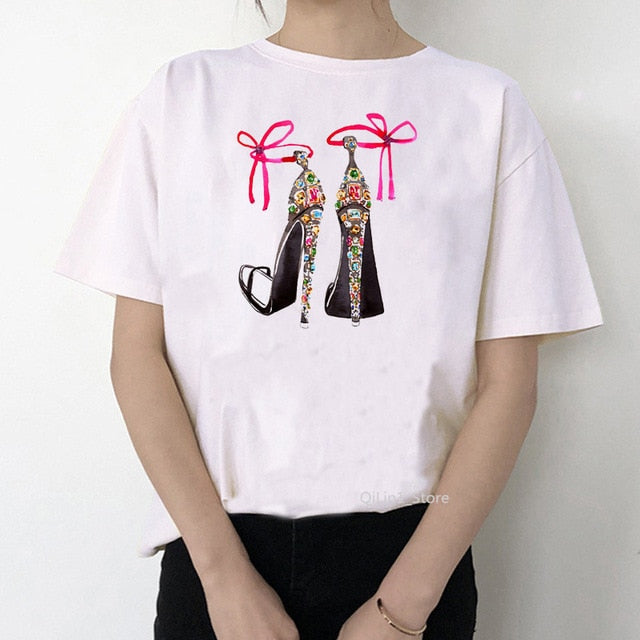 Watercolor high heels shoes print vogue t shirt