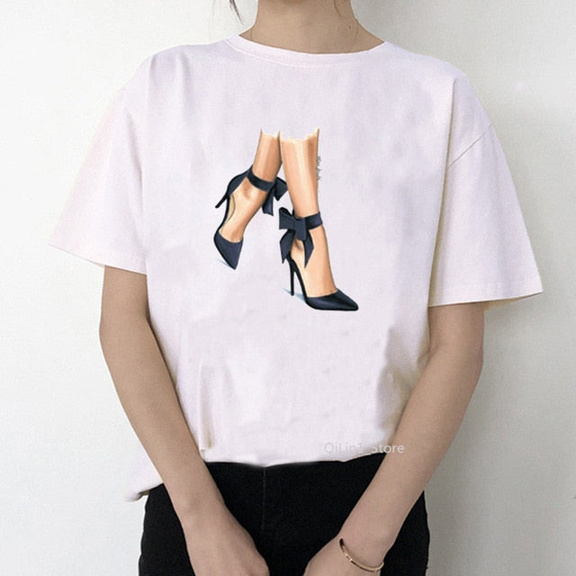 Watercolor high heels shoes print vogue t shirt