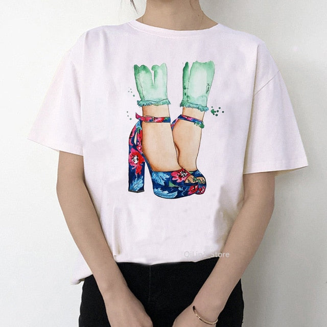 Watercolor high heels shoes print vogue t shirt