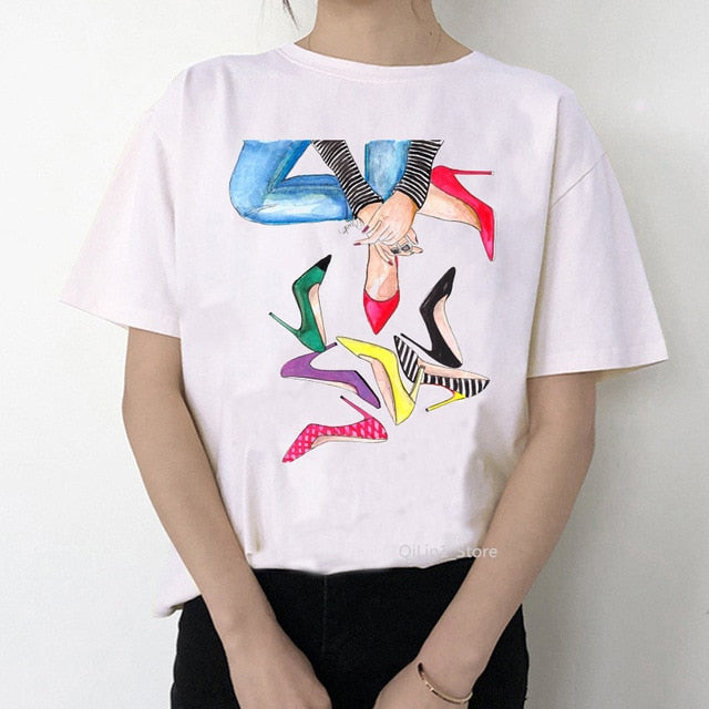 Watercolor high heels shoes print vogue t shirt