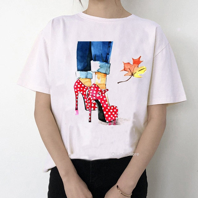 Watercolor high heels shoes print vogue t shirt