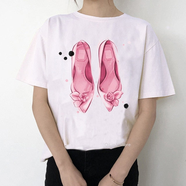 Watercolor high heels shoes print vogue t shirt