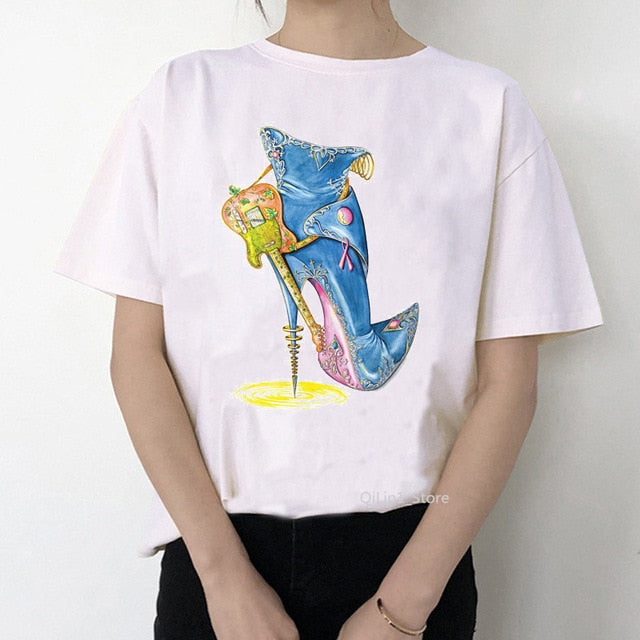 Watercolor high heels shoes print vogue t shirt