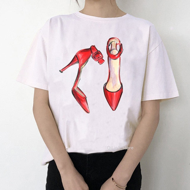 Watercolor high heels shoes print vogue t shirt