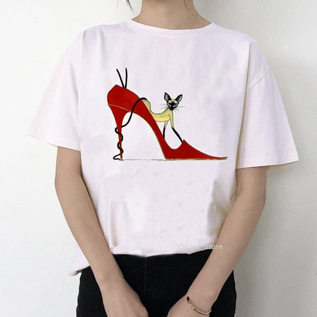 Watercolor high heels shoes print vogue t shirt