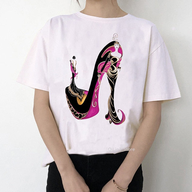 Watercolor high heels shoes print vogue t shirt