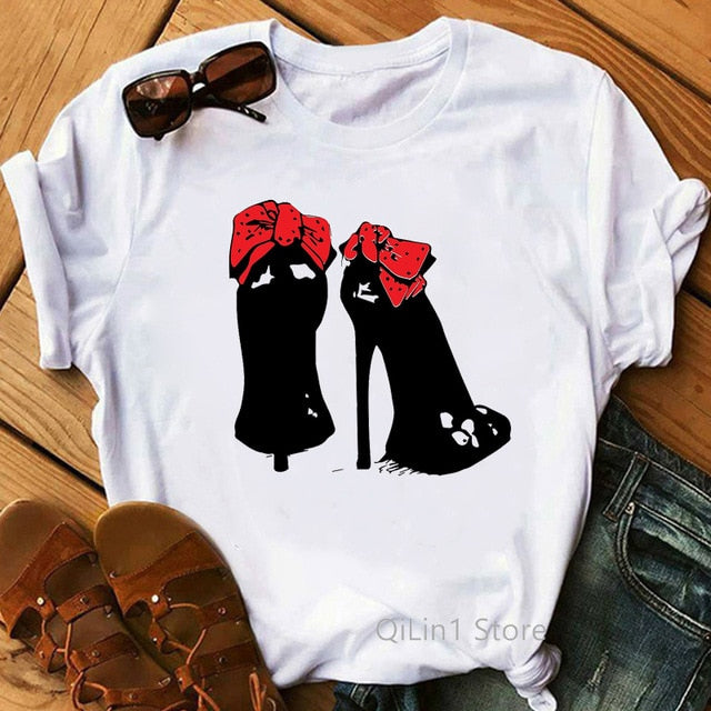 Watercolor high heels shoes print vogue t shirt