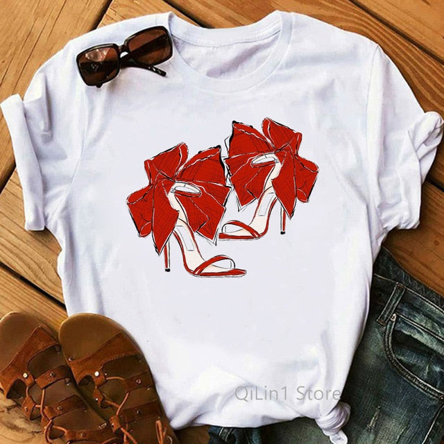 Watercolor high heels shoes print vogue t shirt