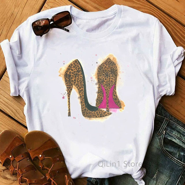 Watercolor high heels shoes print vogue t shirt