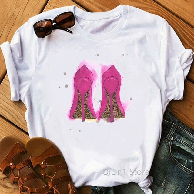 Watercolor high heels shoes print vogue t shirt