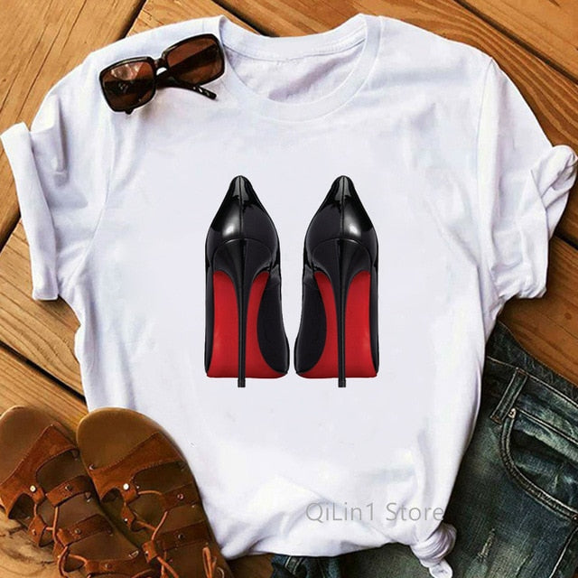 Watercolor high heels shoes print vogue t shirt