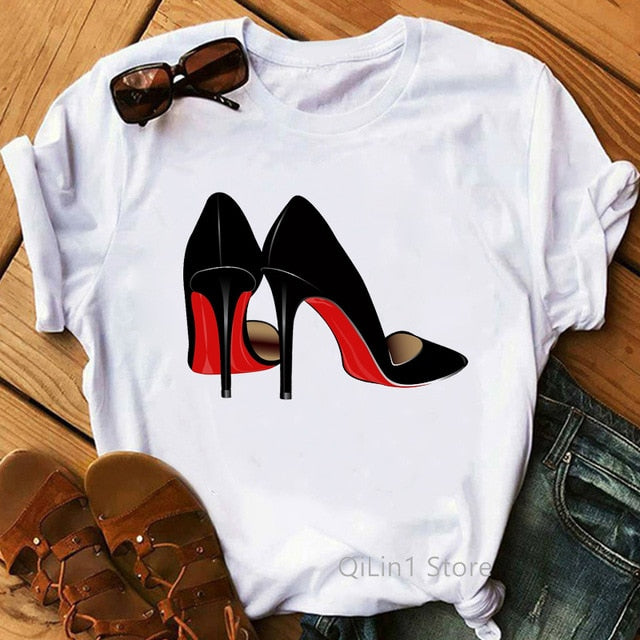 Watercolor high heels shoes print vogue t shirt