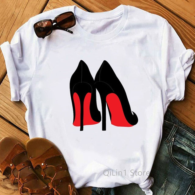 Watercolor high heels shoes print vogue t shirt