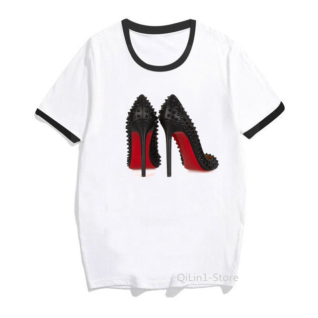 Watercolor high heels shoes print vogue t shirt