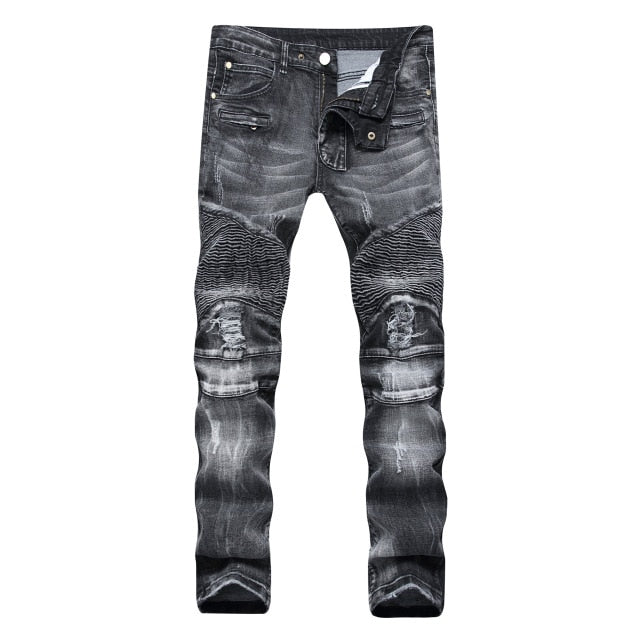 Men's Straight Washed Multi Zipper Jeans