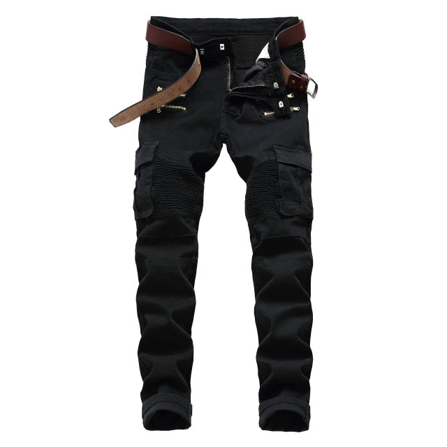 Men's Straight Washed Multi Zipper Jeans