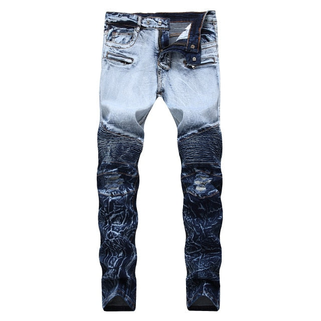 Men's Straight Washed Multi Zipper Jeans