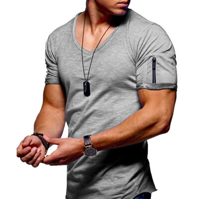 Men's V-Neck T-shirt Fitness Short-Sleeved Zipper Casual Cotton Top