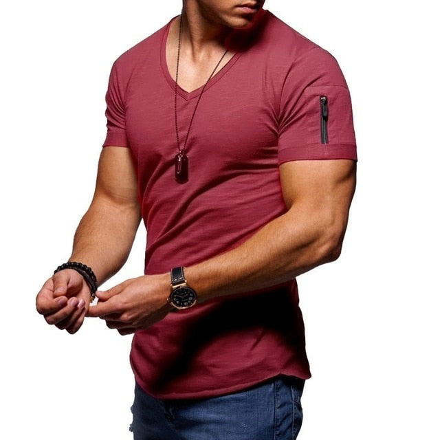 Men's V-Neck T-shirt Fitness Short-Sleeved Zipper Casual Cotton Top