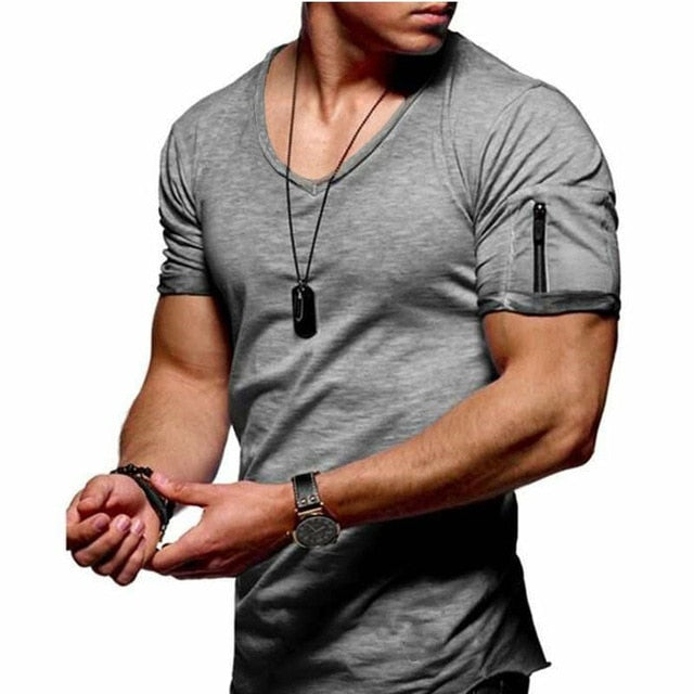 Men's V-Neck T-shirt Fitness Short-Sleeved Zipper Casual Cotton Top