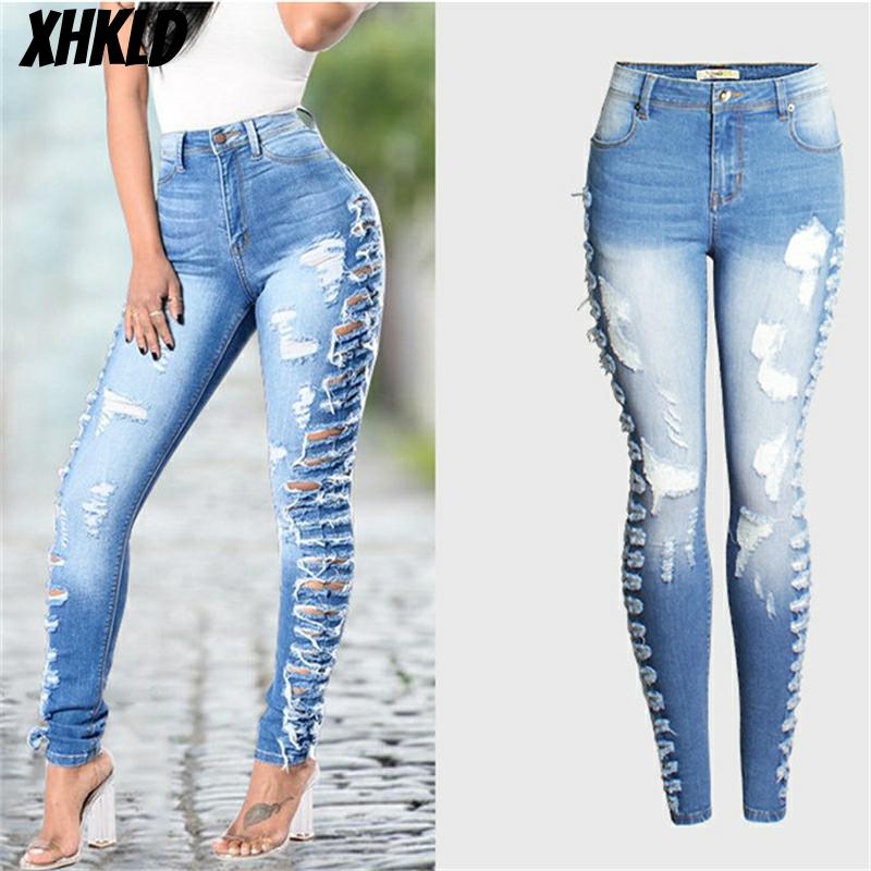 Fashion Mid Waist Skinny Bleached Sky Blue Jeans