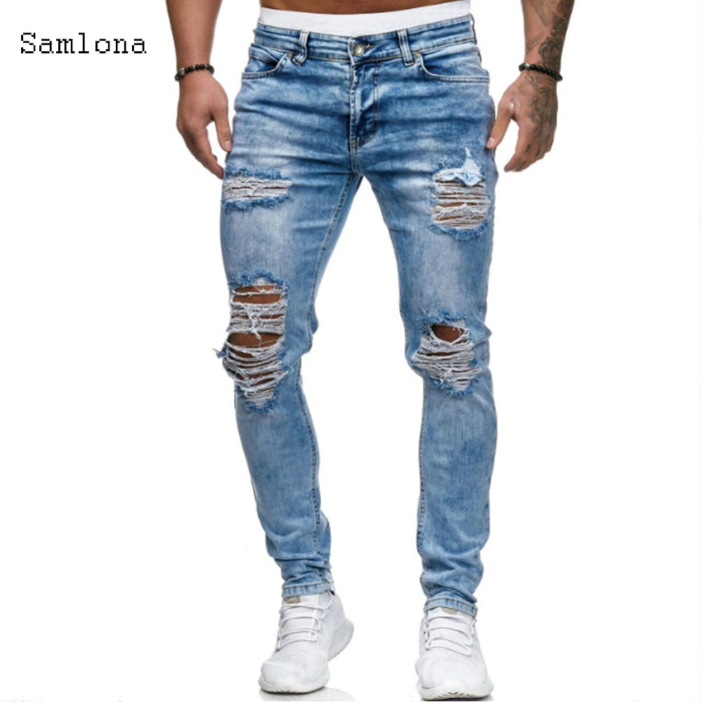 Men's Fashion Skinny Straight Ripped Light Blue Jeans