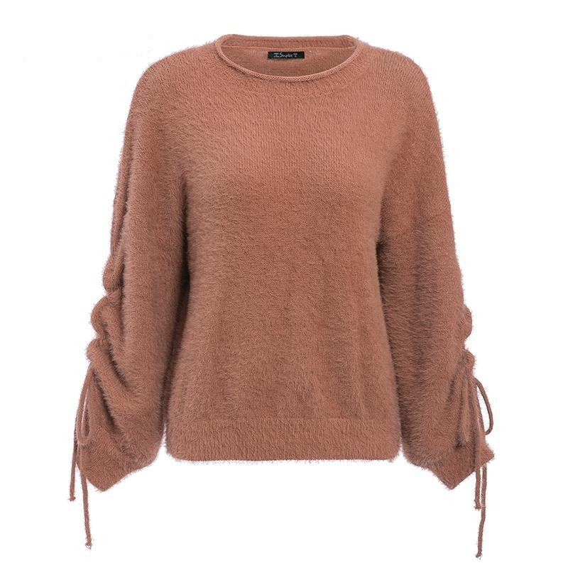 Women's O-Neck Soft Sweater with Drawstring Drop Sleeves