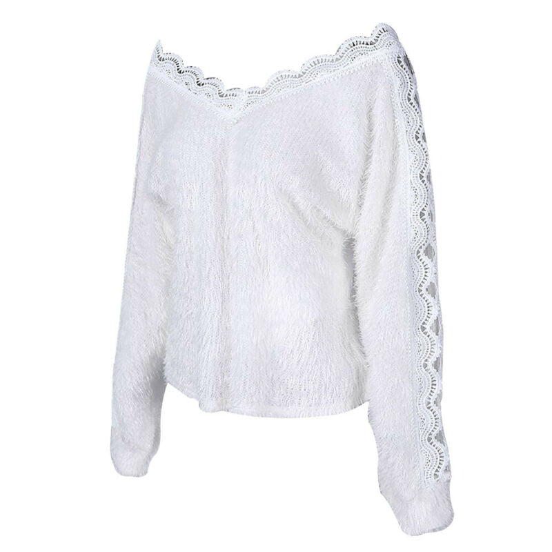 Women's Off Shoulder Lace V-Neck Sweater