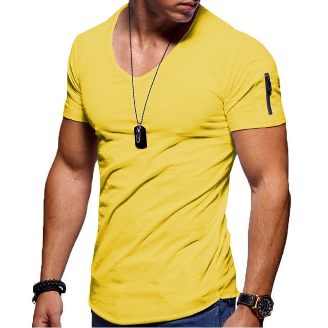 Men's V-Neck T-shirt Fitness Short-Sleeved Zipper Casual Cotton Top