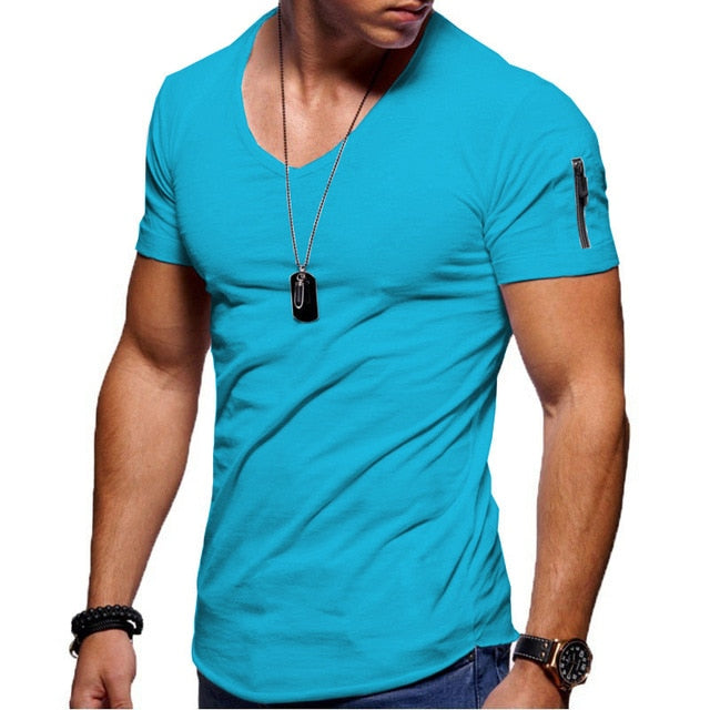 Men's V-Neck T-shirt Fitness Short-Sleeved Zipper Casual Cotton Top