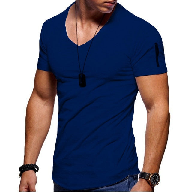 Men's V-Neck T-shirt Fitness Short-Sleeved Zipper Casual Cotton Top