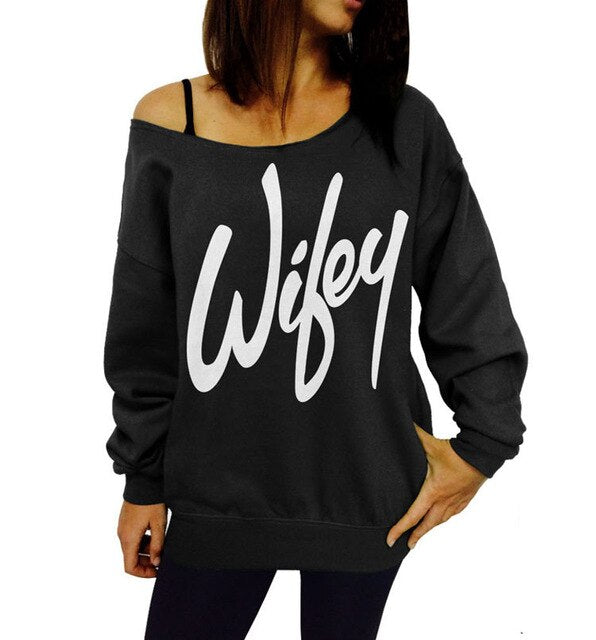 Women's Sexy Off the Shoulder Sweatshirt Wifey Alphabet Printing