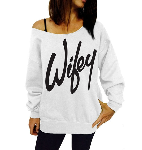 Women's Sexy Off the Shoulder Sweatshirt Wifey Alphabet Printing