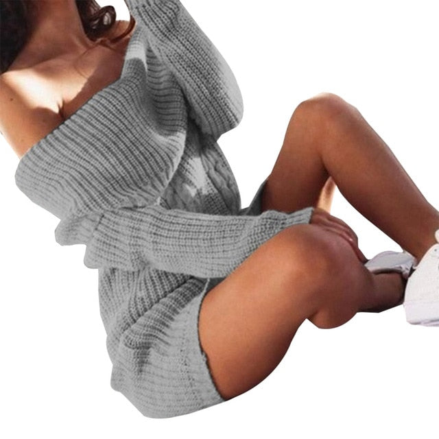 Women Long Sleeve Off Shoulder Knitted Sweater Dress