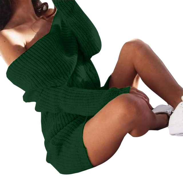 Women Long Sleeve Off Shoulder Knitted Sweater Dress