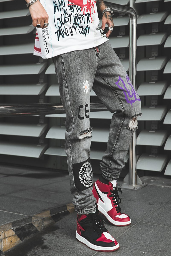 Men Jogger Denim Pants Skinny Washed Distressed Graffiti