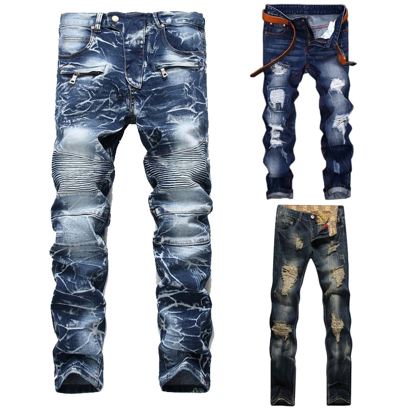 High Quality Men Casual Ripped Jeans Washed Straight Slim