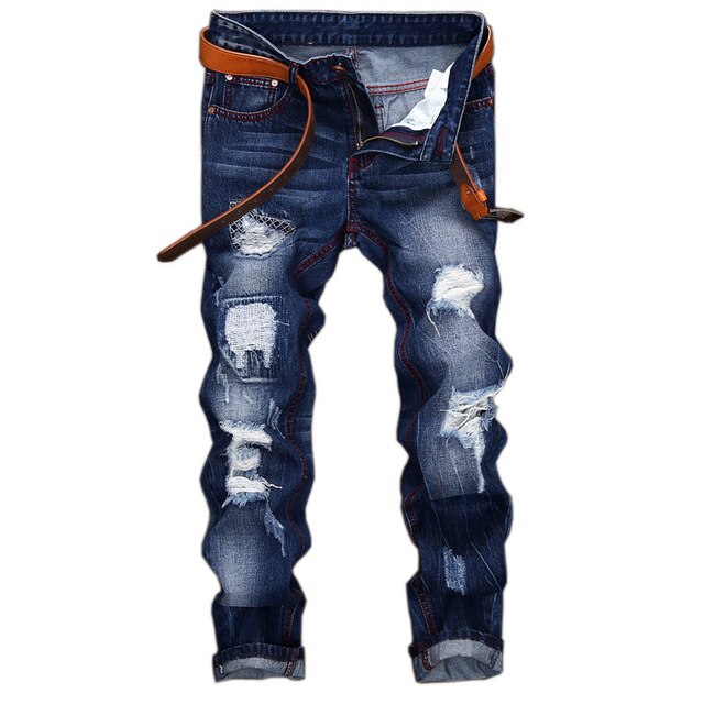 High Quality Men Casual Ripped Jeans Washed Straight Slim