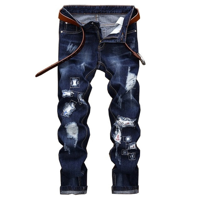 High Quality Men Casual Ripped Jeans Washed Straight Slim