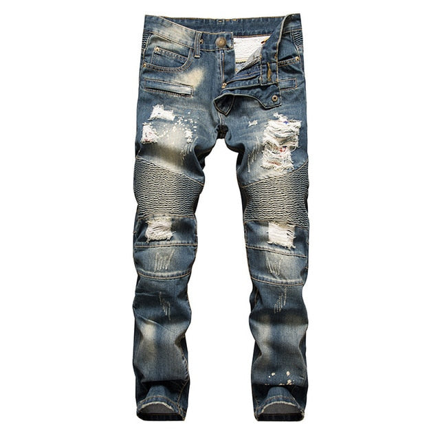 High Quality Men Casual Ripped Jeans Washed Straight Slim