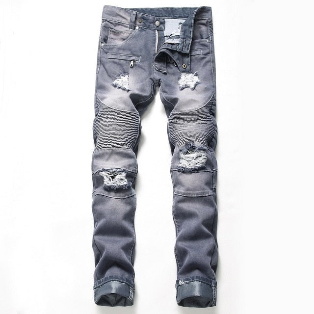 High Quality Men Casual Ripped Jeans Washed Straight Slim