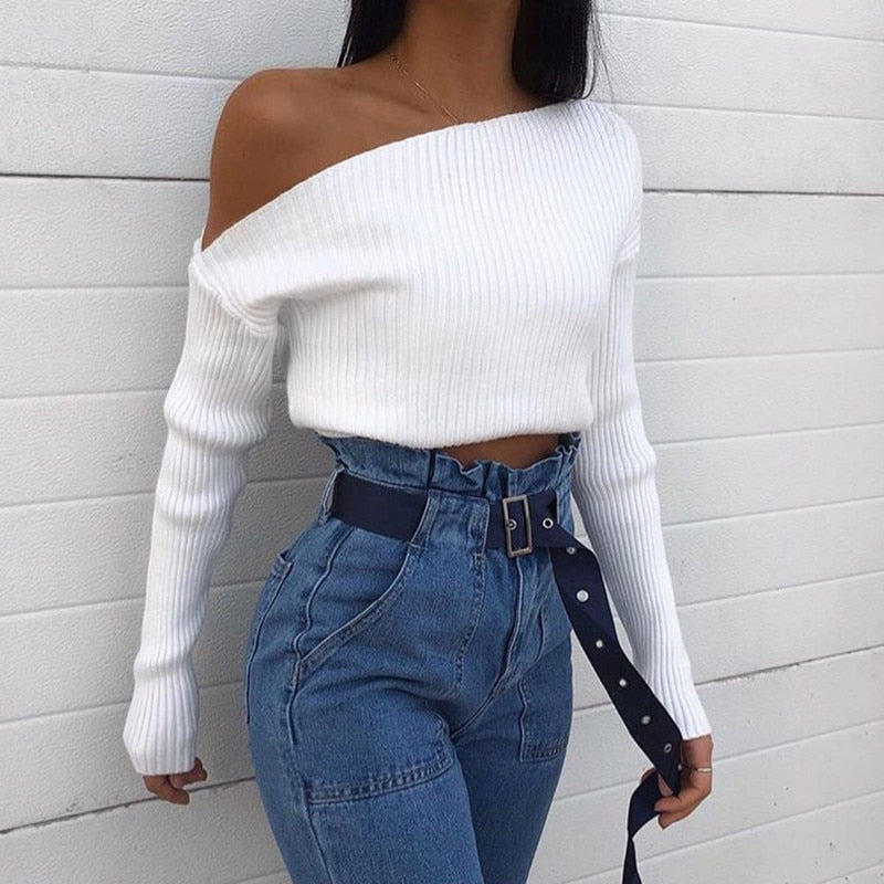 Women's Oblique Collar Sexy Asymmetrical Knitted Sweater