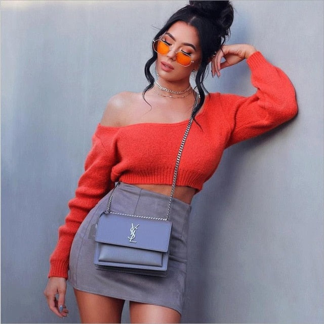 Women's Off The Shoulder Crop Top Sweater