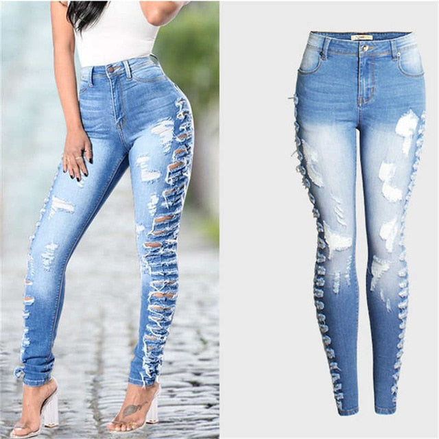 Fashion Mid Waist Skinny Bleached Sky Blue Jeans